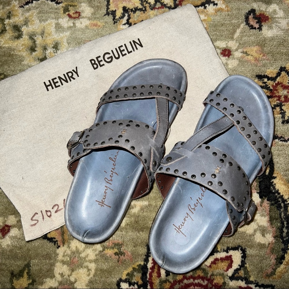 New Henry Beguelin Blue Leather Italian Stud Sandals